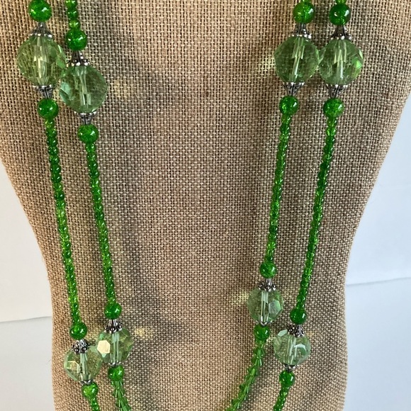 Hand Crafted Necklace Wrap Bracelet Drop Earrings Set Lime Green Double Strands - Picture 3 of 9